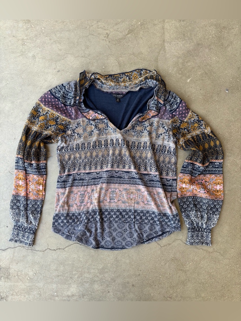 Lucky Brand Boho Paisley Mixed Print Long Sheer Sleeves Top Cotton Modal S/P